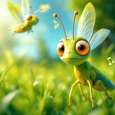 The primary subject of the image is a green insect, possibly a grasshopper or a dragonfly, with large eyes and a frowning expression. The insect is standing in a grassy field with a tree in the background. The visual style of the image is digital art, and the colors and mood are lively and vibrant.